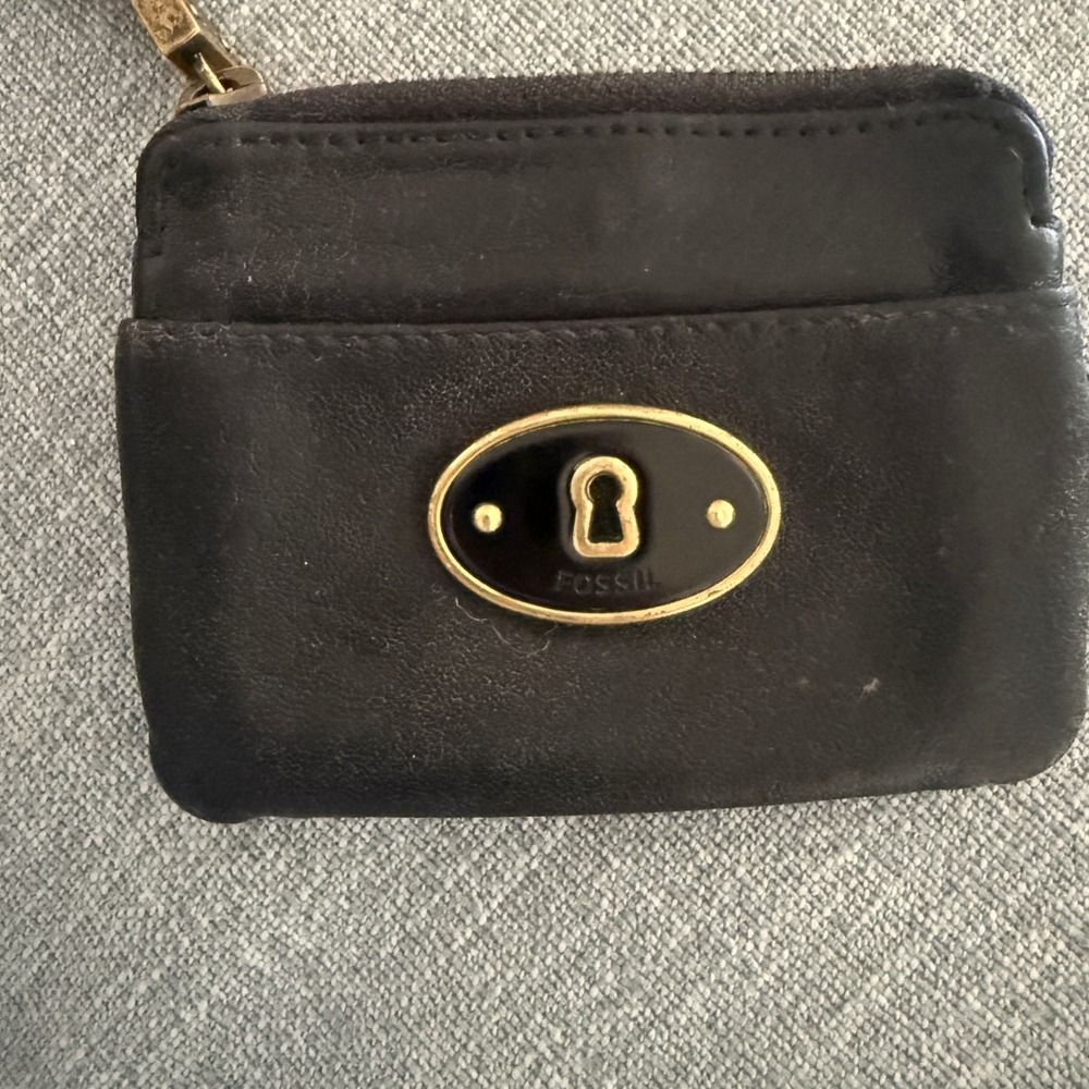 Fossil Black Leather Keyhole Coin Purse ID Card Holder Wallet Brass Hardware